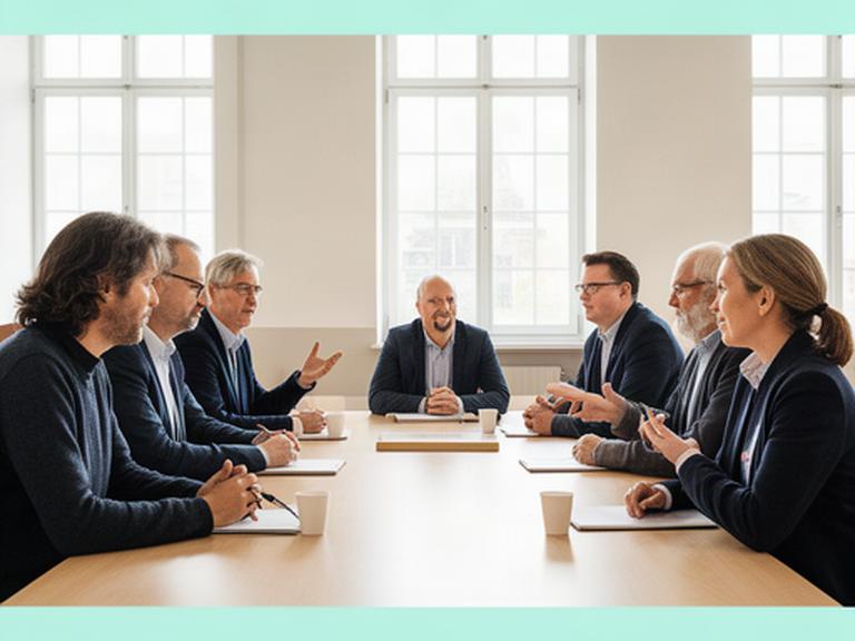 Politikerinnen und Einwohner diskutieren an einem langen Tisch in einem hellen Berner Gemeindesaal